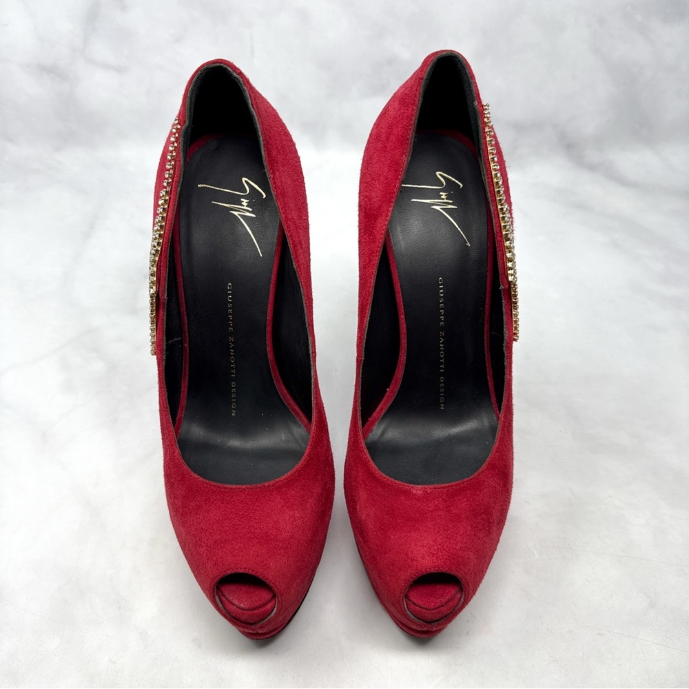 Giuseppe Zanotti Sharon Rhinestone Lightning Bolt Suede Platform Heels Red 38 - Picture 5 of 15